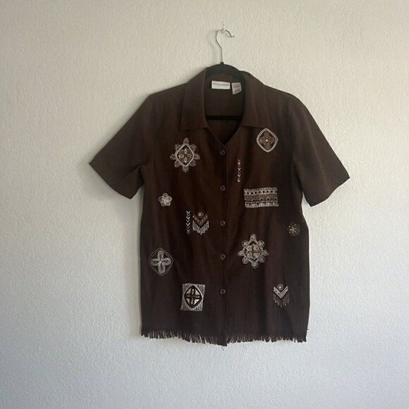Alfred Dunner Womens Vintage 90s Brown Beaded Embroidered Fringe Blouse Size 8 - Picture 1 of 9
